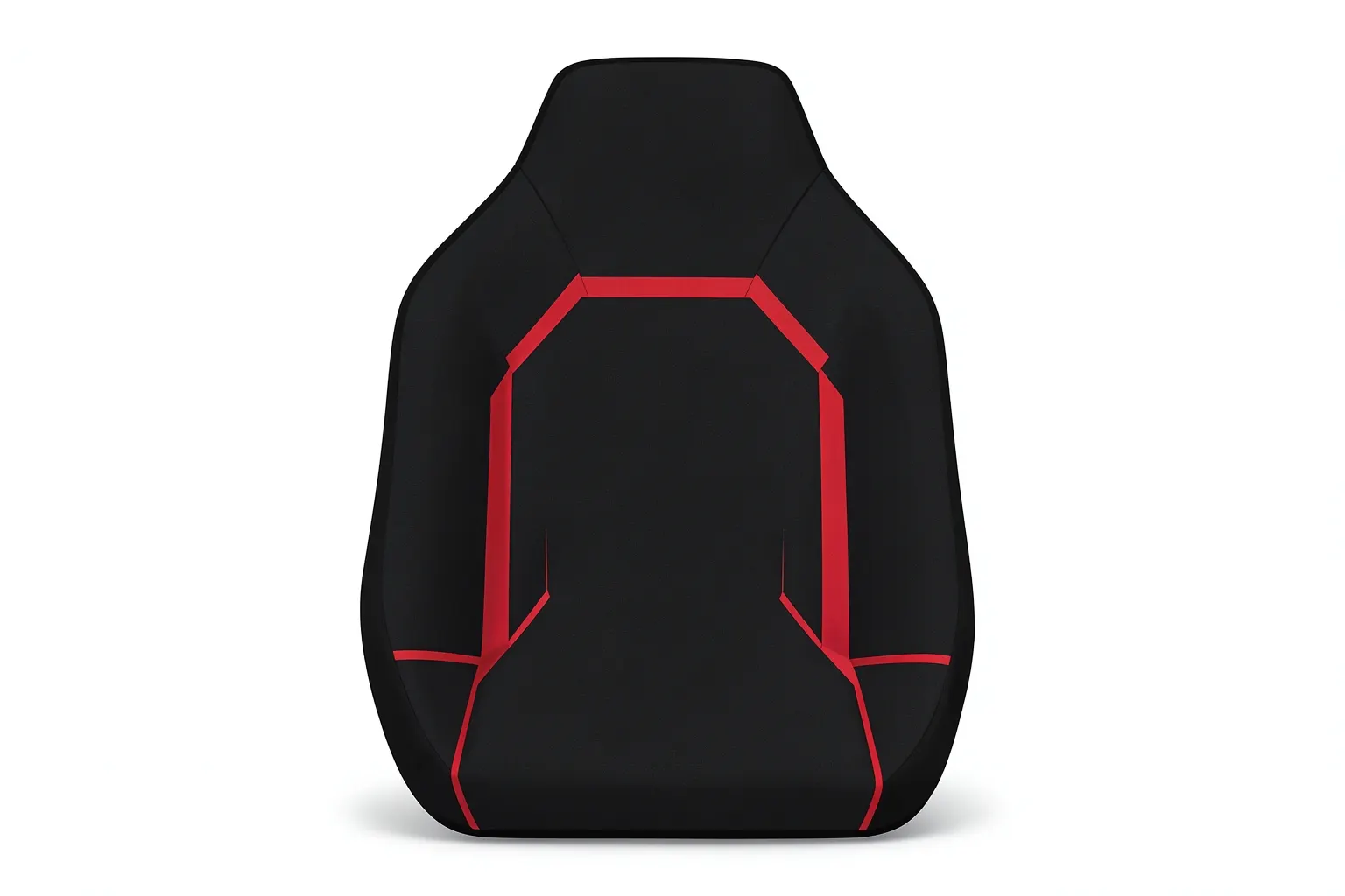 Capa esportiva preta com detalhes em vermelho para banco de carro, vista de frente.