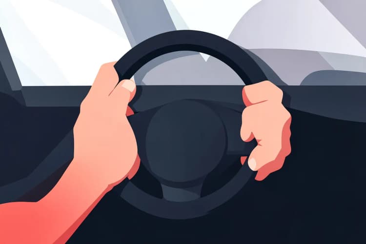 Mãos de motorista segurando volante com capa de assento visível ao fundo