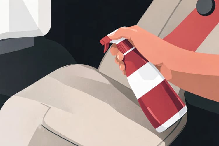 Pessoa aplicando spray protetor em um banco de carro de couro claro, com foco na aplicação uniforme do produto.