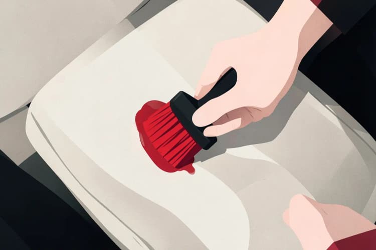 Uma pessoa usando escova e produto de limpeza para remover uma mancha de um banco de carro de tecido bege.