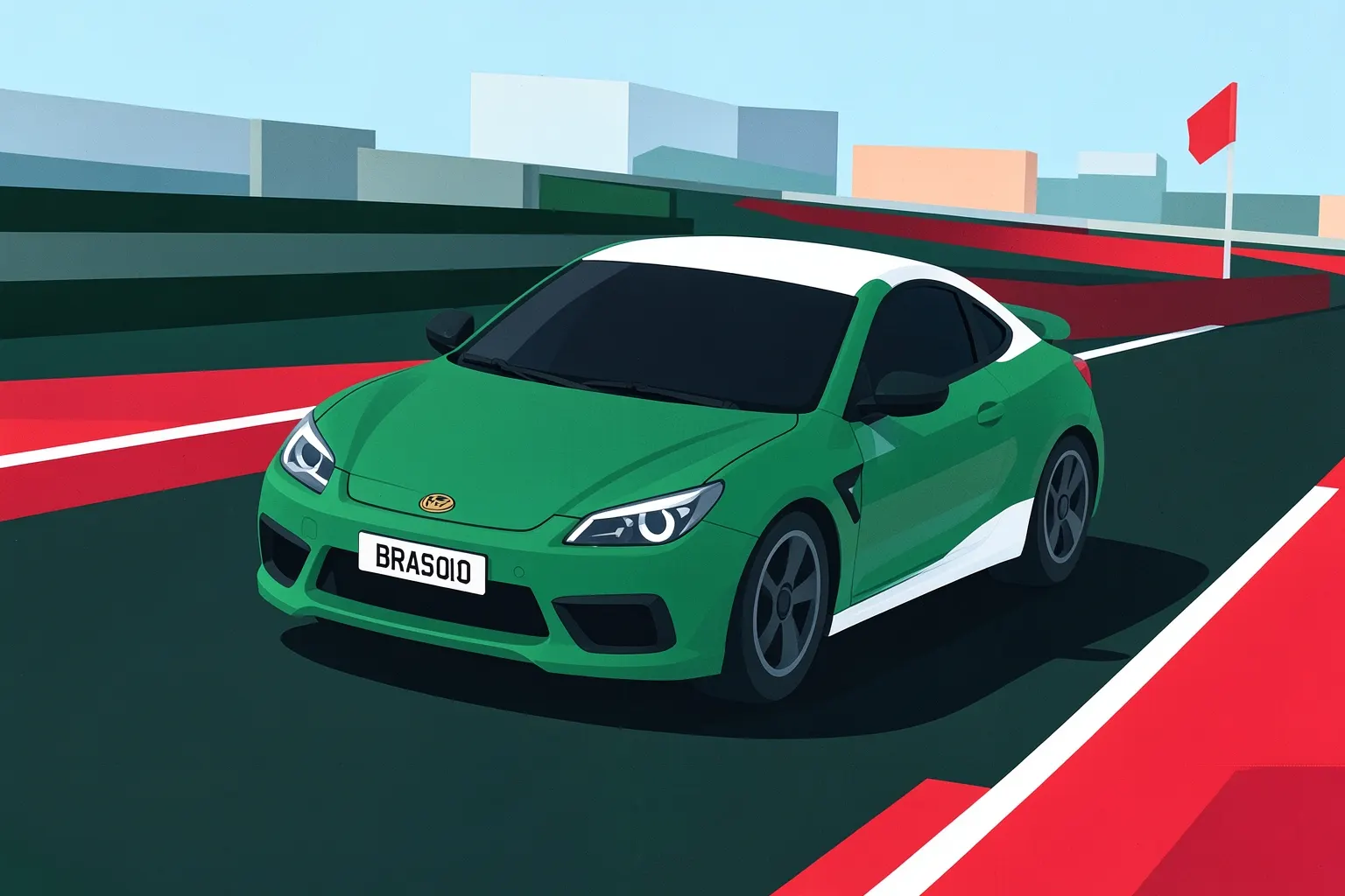 Um carro esportivo com detalhes em verde e placa de Brasília em uma corrida de rua, com foco nos bancos esportivos.