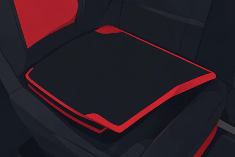 Uma capa de banco de carro náutica preta com detalhes em vermelho, esticada sobre um banco.