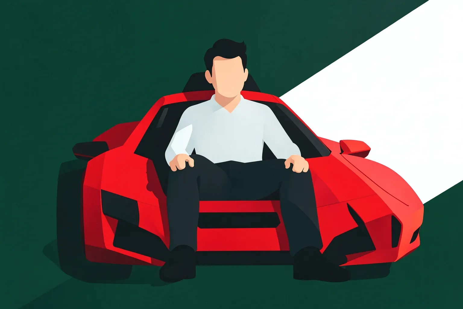 Um homem se sentando em um banco de carro esportivo com detalhes em vermelho, com as mãos nos joelhos e olhando para frente.