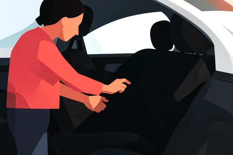 Uma pessoa em pé ao lado de um carro, colocando uma capa de assento de carro de tecido preto no banco do motorista.