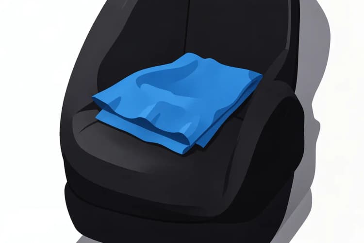 Um banco de carro de couro preto com uma toalha de microfibra azul dobrada sobre ele.