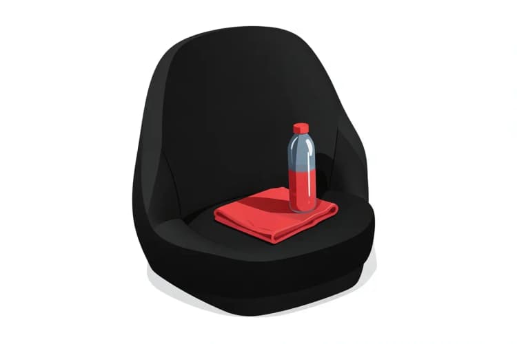Um banco de carro de neoprene preto com uma garrafa de água e uma toalha pequena sobre ele.