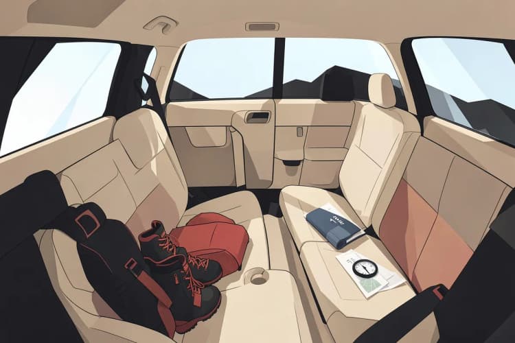 Interior de um carro SUV limpo e organizado após uma trilha, com equipamentos de aventura arrumados.