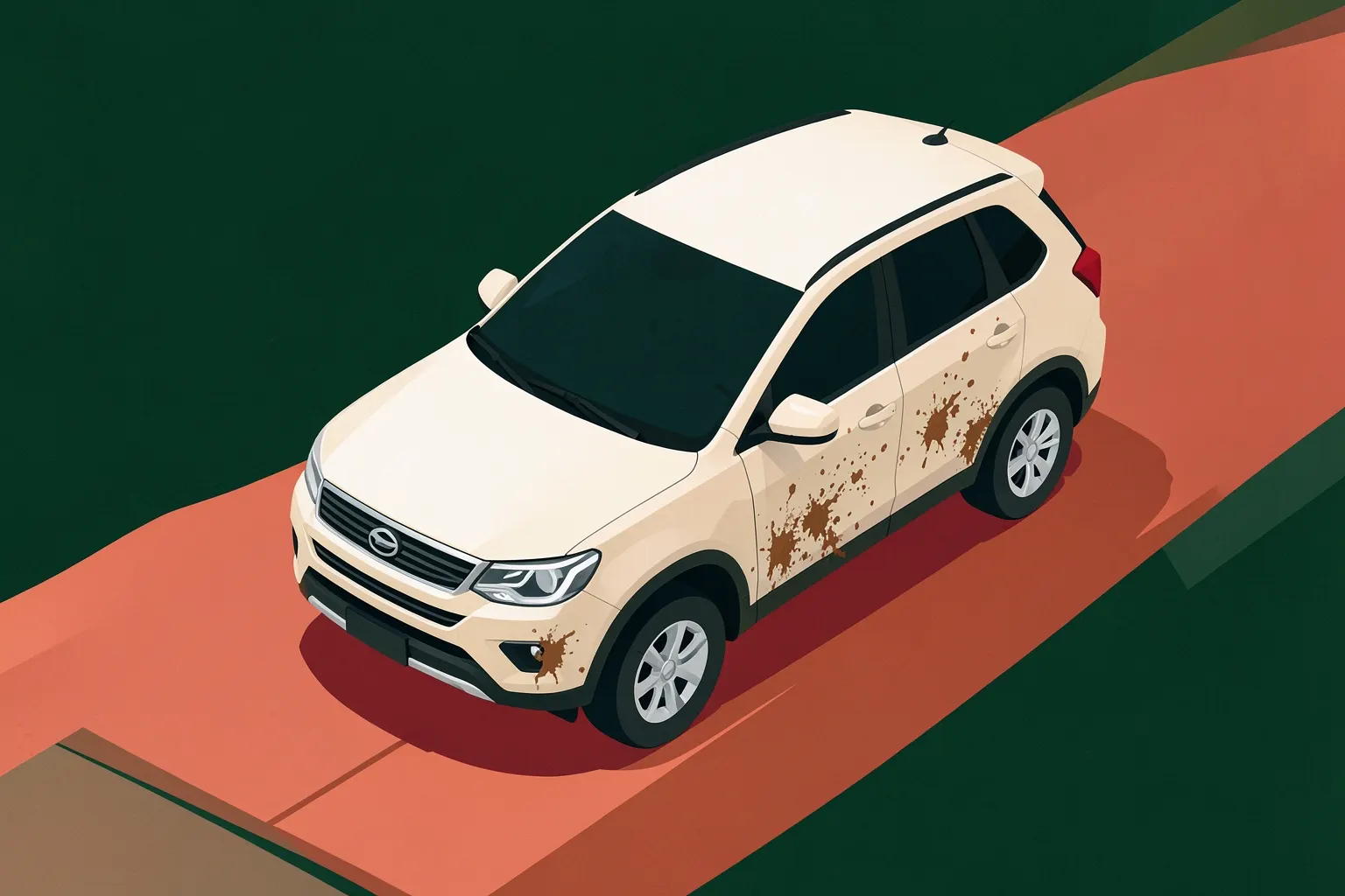 Um carro SUV estacionado em uma estrada de terra com lama respingada nas portas e no para-choque.