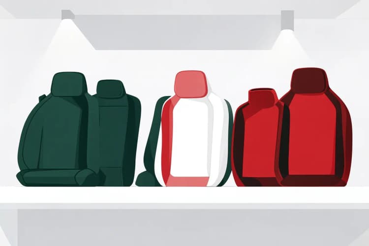 Variedade de capas de banco de carro em diferentes materiais e cores, dispostas lado a lado em uma prateleira.