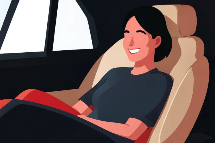 Pessoa sorrindo sentada em um carro com capa de banco de couro bege, detalhe do conforto e proteção.