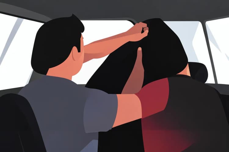 Homem esticando uma capa de banco de carro preta sobre o encosto de um banco de carro, vista de trás.