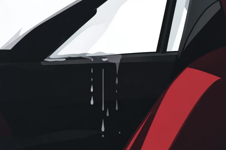 Um close-up mostrando a infiltração de água através de uma janela de carro mal vedada, com gotas escorrendo pelo painel da porta e atingindo o assento
