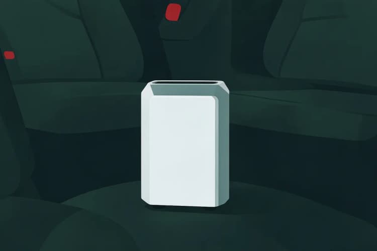 Um desumidificador de ar portátil colocado no chão de um carro, com os bancos visíveis ao fundo