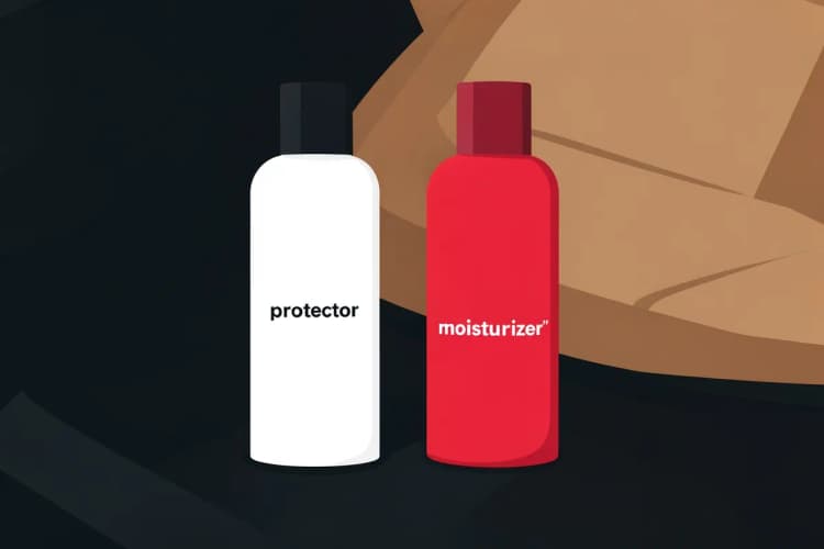 Duas garrafas de produtos para couro, uma de protetor e outra de hidratante, ao lado de um banco de couro.