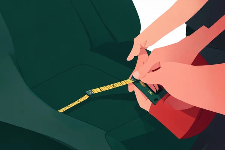 Pessoa medindo um assento de carro com uma fita métrica, com uma capa protetora ao lado.