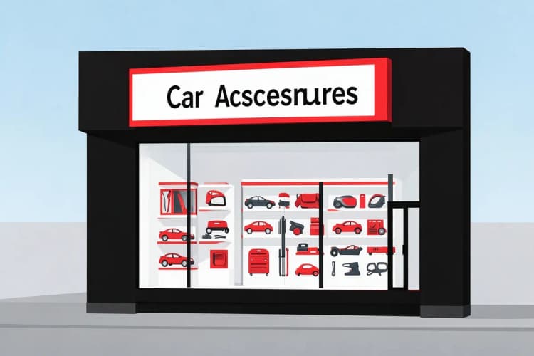 Fachada de uma loja de acessórios automotivos com a placa "Acessórios para Carros".