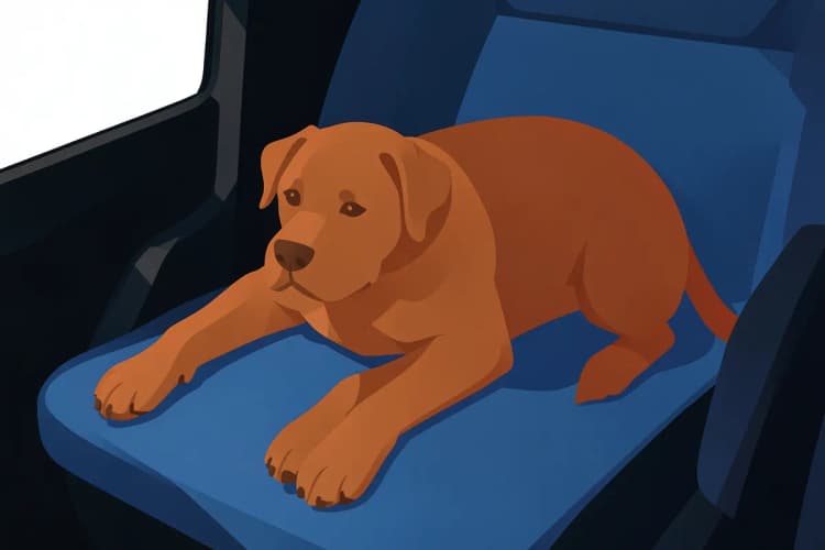 Cachorro labrador marrom deitado em uma capa protetora de assento de carro azul, com as patas dianteiras esticadas.