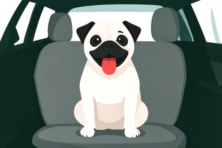 Um cachorro pug sorrindo sentado em uma capa protetora de assento de carro cinza, com a língua para fora.