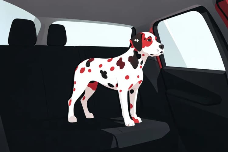 Um cachorro dálmata em pé em uma capa protetora de assento de carro preta, olhando pela janela.