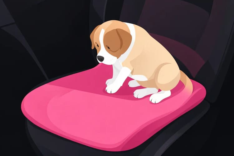 Capa de assento de carro esportiva de neoprene rosa com um cachorro pequeno sentado nela.