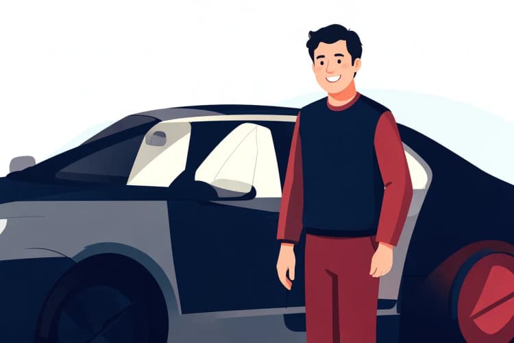Homem sorrindo ao lado de um carro com bancos protegidos por capas creme naval.