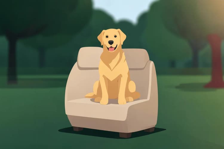 Capa de banco de carro bege com um cachorro dourado sentado em cima, olhando para a frente, com uma paisagem de parque desfocada ao fundo.