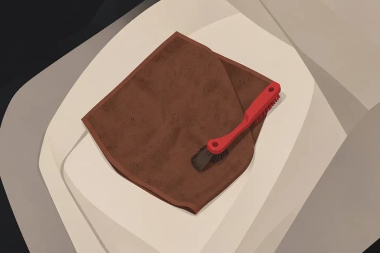 Toalha de microfibra marrom e escova de limpeza sobre uma capa de banco de carro bege, sugerindo limpeza.