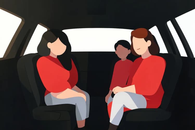 Uma família feliz dentro de um carro com bancos protegidos por capas.
