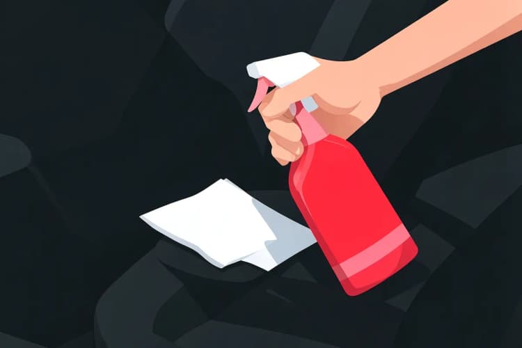 Mão segurando um frasco de spray de produto de limpeza automotiva com um pano de microfibra ao lado de um banco de carro.