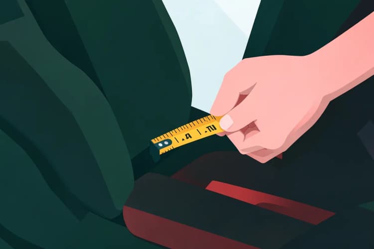 Pessoa medindo um banco de carro com uma fita métrica, com foco na fita e no banco.