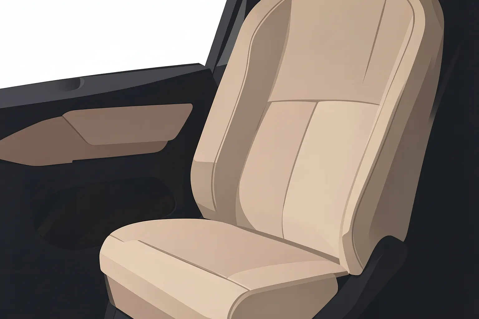 Um carro com bancos de couro bege sendo limpos com um pano branco, close-up do banco do motorista.