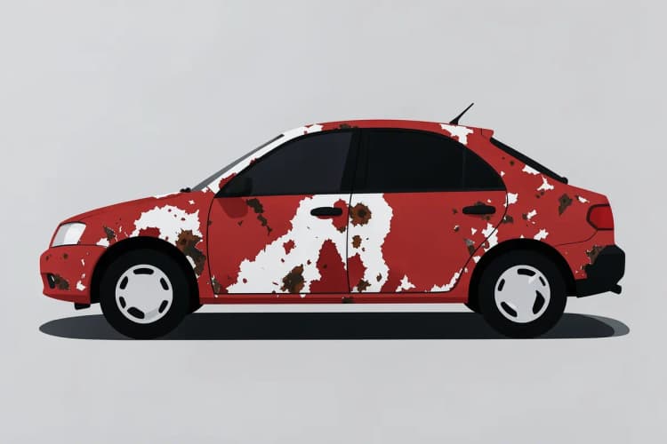 Um carro com a pintura descascada e pontos de ferrugem visíveis, evidenciando os danos causados pela maresia.