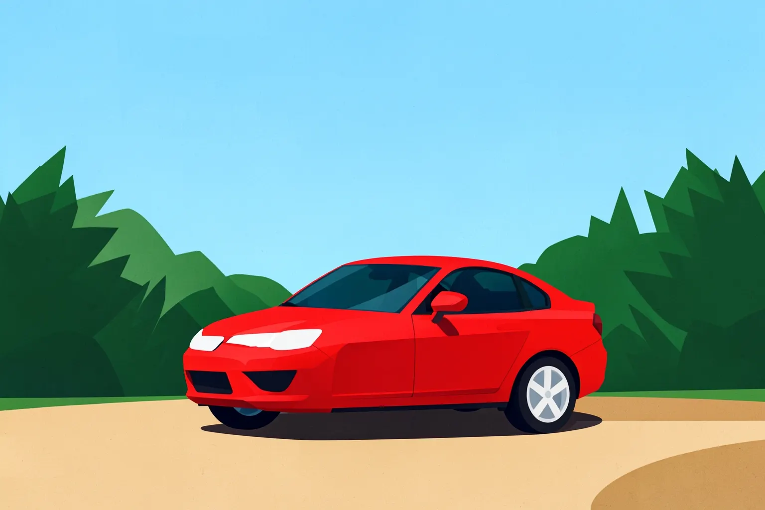 Um carro vermelho brilhante estacionado em uma estrada de terra com vegetação verde exuberante ao fundo, sob um céu azul claro.