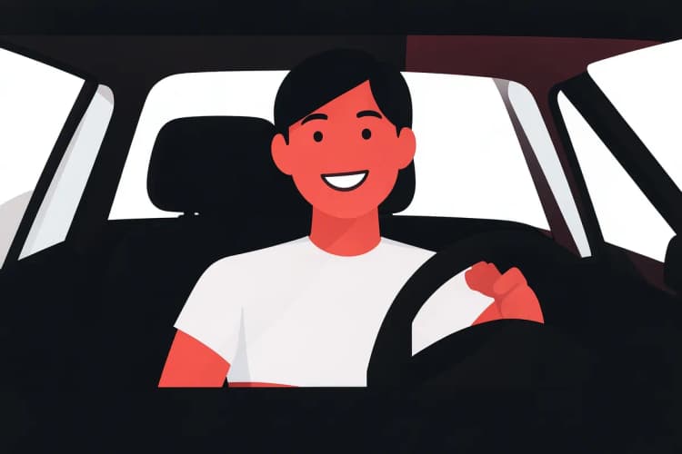Passageiro sorrindo sentado em um banco de carro com capa preta, demonstrando conforto e satisfação