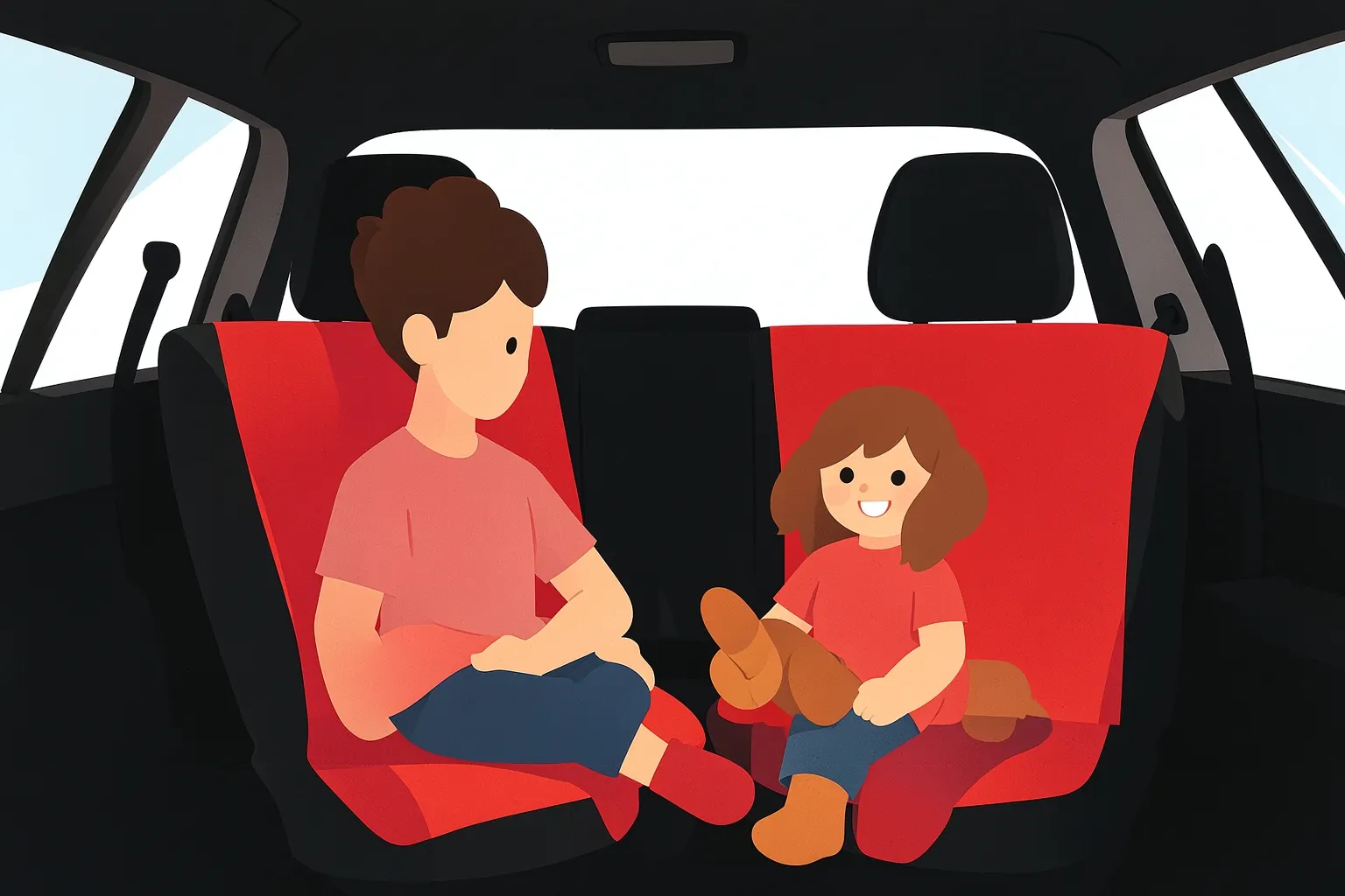 Um carro com capas de banco protetoras, com uma criança e um cachorro sentados confortavelmente no banco traseiro.