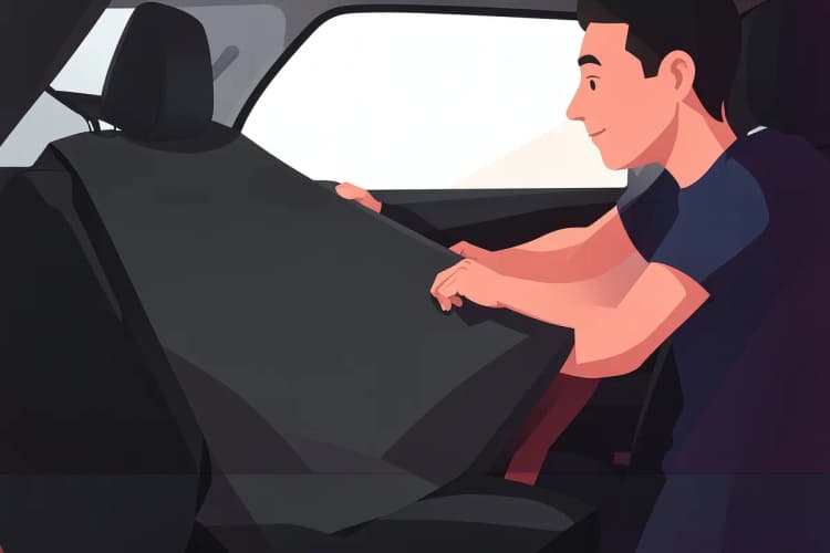 Homem esticando uma capa de banco de carro sobre um assento, alinhando-a corretamente.