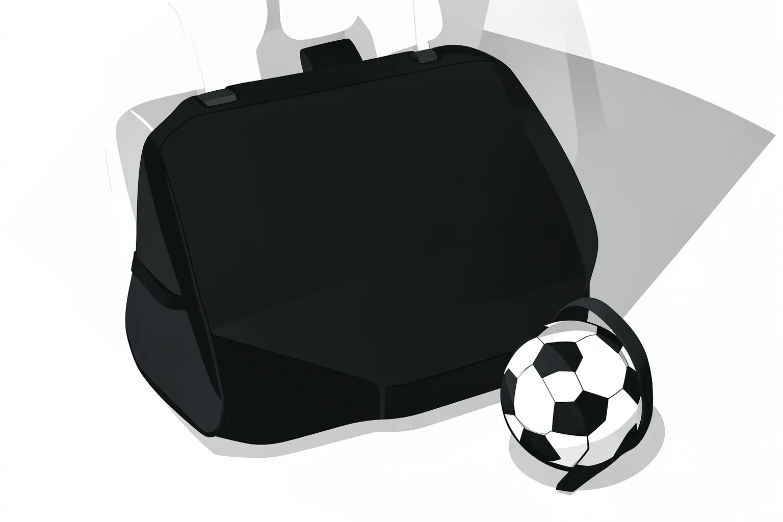Um carro com capa impermeável no banco traseiro, com uma mochila e uma bola de futebol ao lado