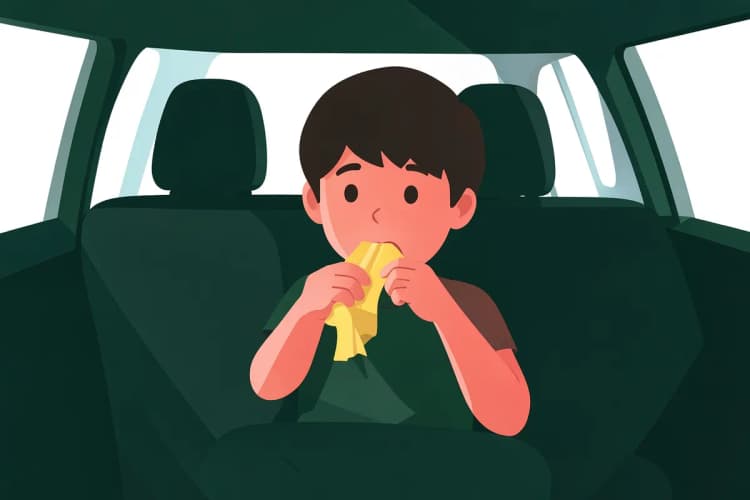 Criança comendo salgadinho no banco traseiro do carro, com uma capa protetora visível.