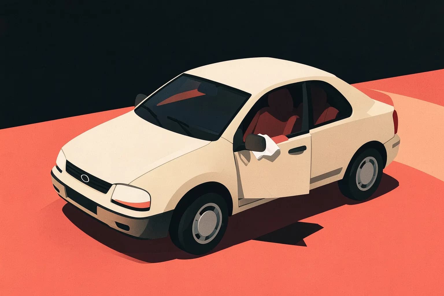 Um carro estacionado na praia com as portas abertas e toalhas no banco do motorista