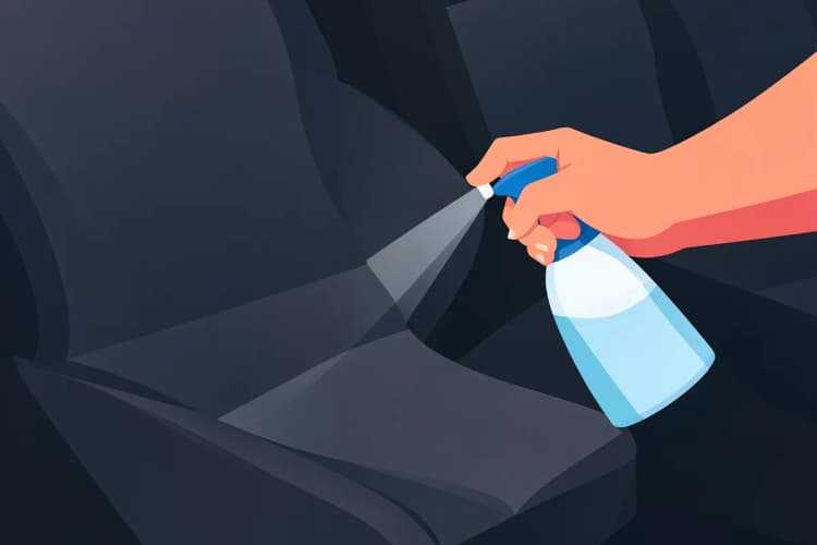 Banco de carro de tecido sendo borrifado com produto impermeabilizante.