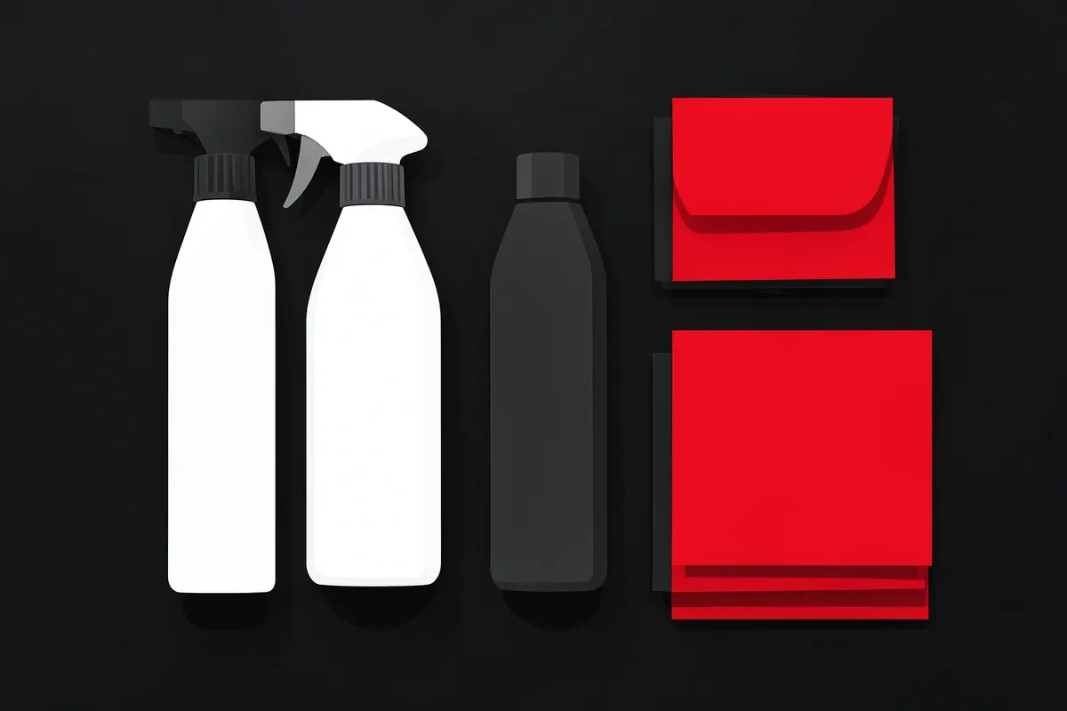 Kit de impermeabilização automotiva com frascos e panos.