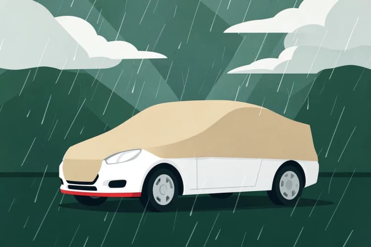 Carro branco com capa protetora bege sendo exposto ao sol e à chuva