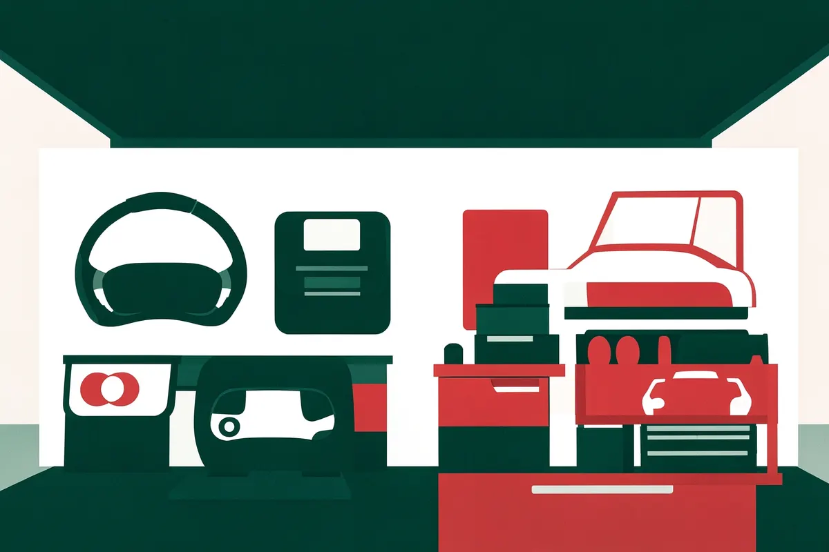 Uma seleção de acessórios para carros populares em exposição, incluindo capas de volante e organizadores.