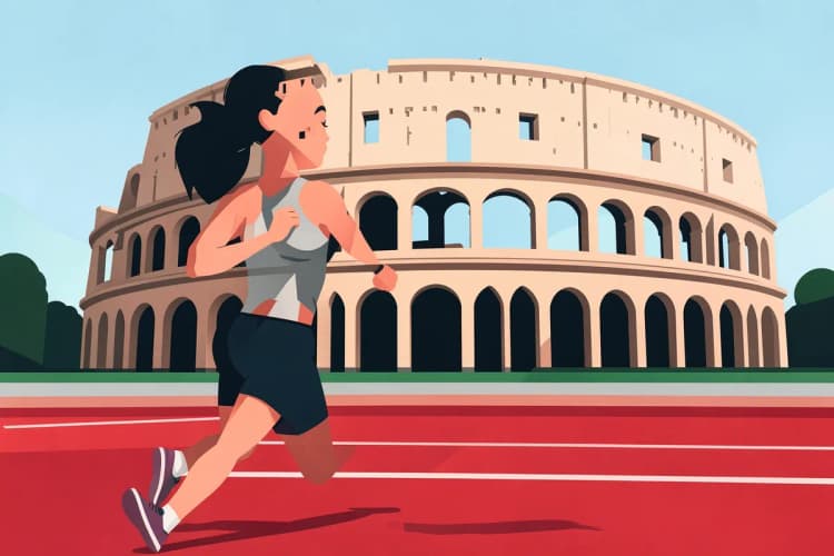 Mulher em primeiro plano correndo em uma pista de atletismo com o Coliseu ao fundo
