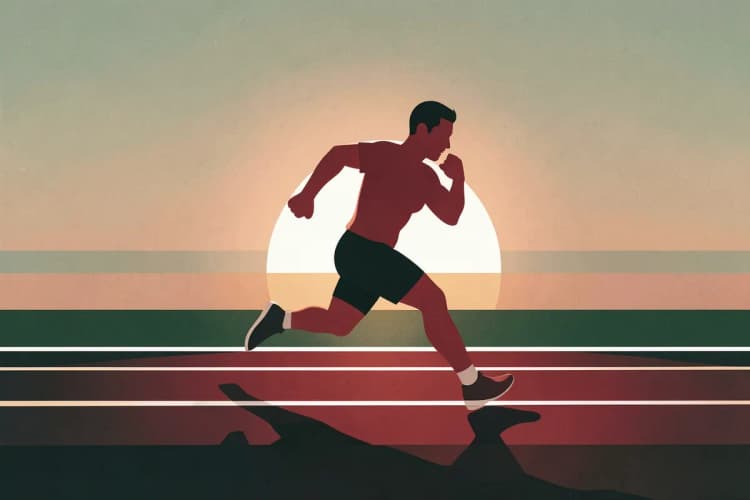 Atleta correndo em uma pista de corrida com o sol nascendo ao fundo