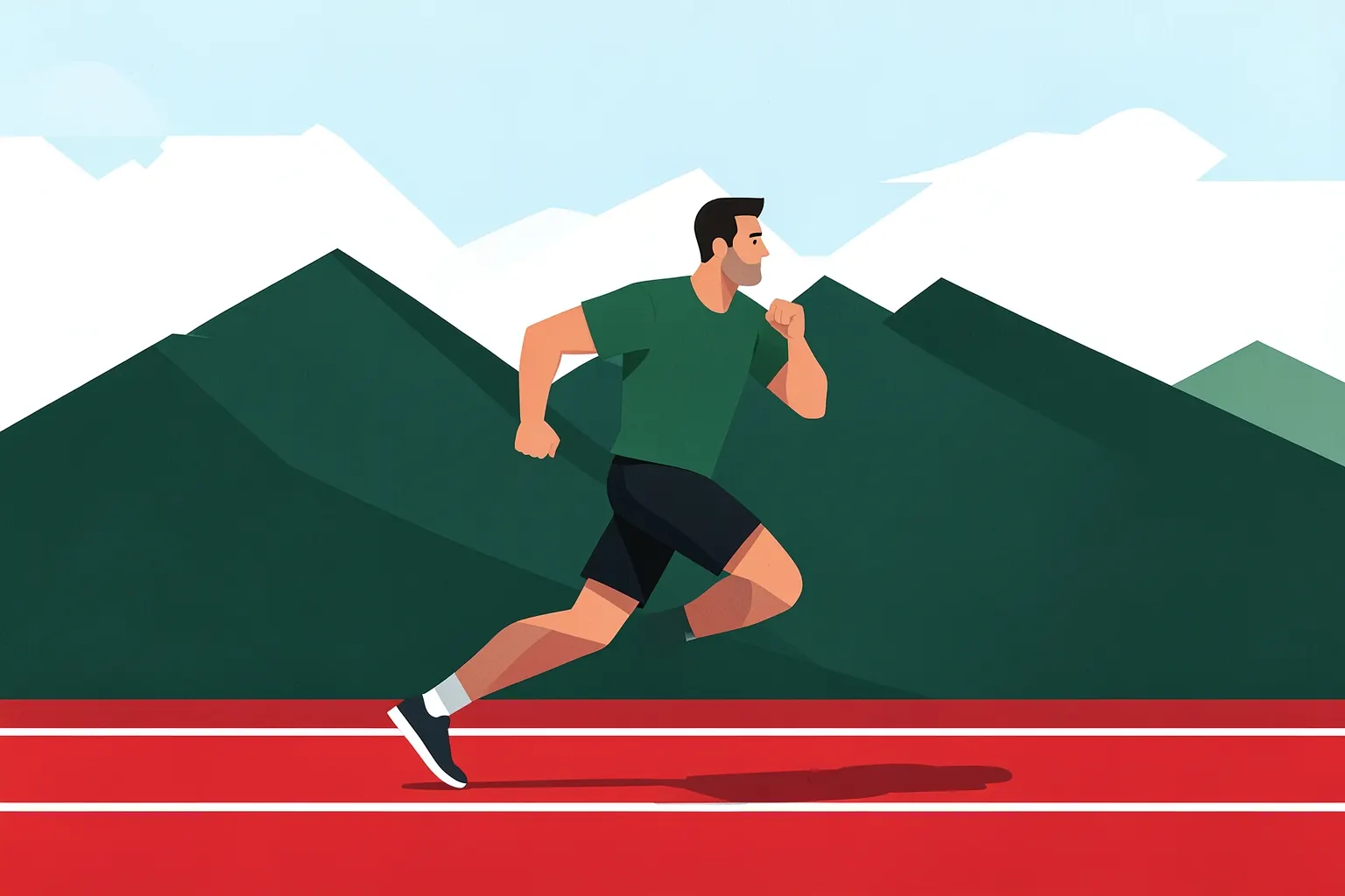 Homem correndo em uma pista de atletismo com montanhas ao fundo