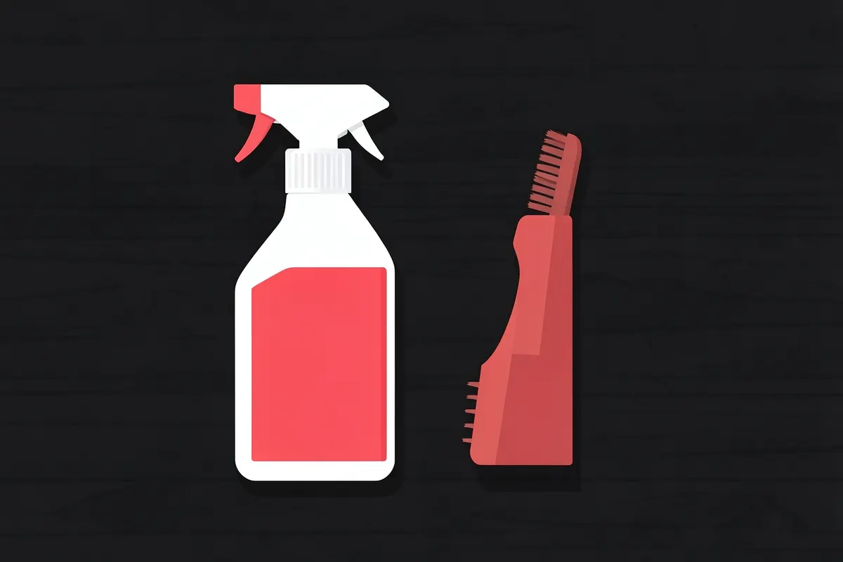 Um frasco de spray de condicionador de couro ao lado de uma escova de cerdas macias sobre uma superfície de madeira escura, plano detalhe, luz de estúdio vinda de cima, frasco de spray e escova em repouso.