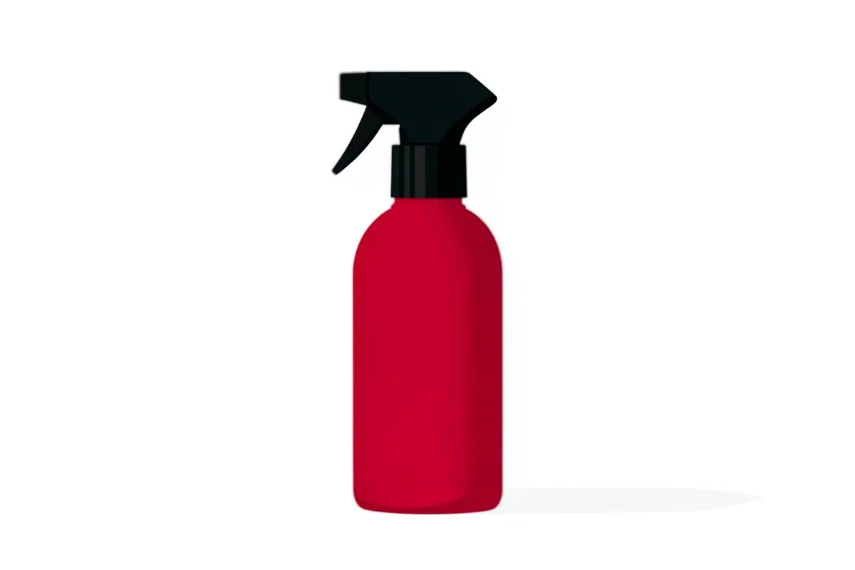 Um frasco de spray de protetor de couro em um fundo branco, com foco suave, luz de estúdio vinda da direita, frasco de spray em primeiro plano.