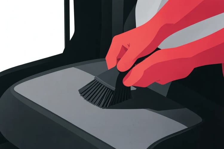 Uma pessoa limpando uma capa de banco de carro de tecido cinza com uma escova, em um ambiente interno com luz natural.