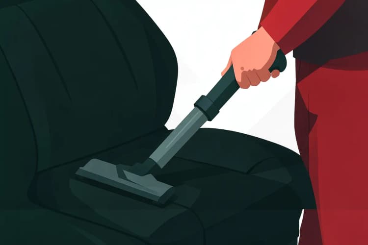 Uma pessoa usando um aspirador de pó em uma capa de banco de carro de couro preto, em um ambiente interno com iluminação artificial.